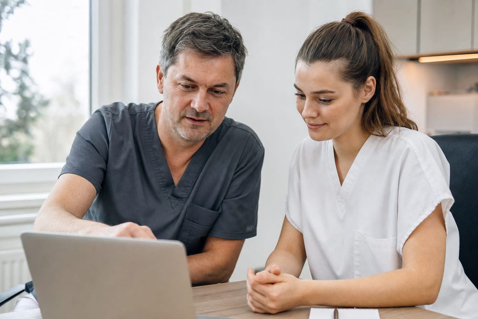 Zwei Personen im Büro besprechen am Laptop die offene Stelle
